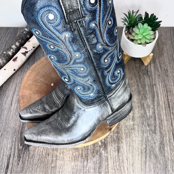 *Rockin Leather | Grey/Navy Western Distressed Leather Boots Size 6.5E - Picture 13 of 16